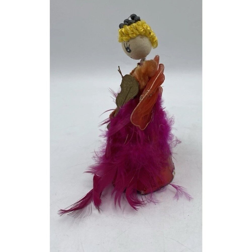 Vintage Feather Angel Hot Pink Christmas Holiday 5 " Cardboard Violin Kitsch MCM - Picture 2 of 16